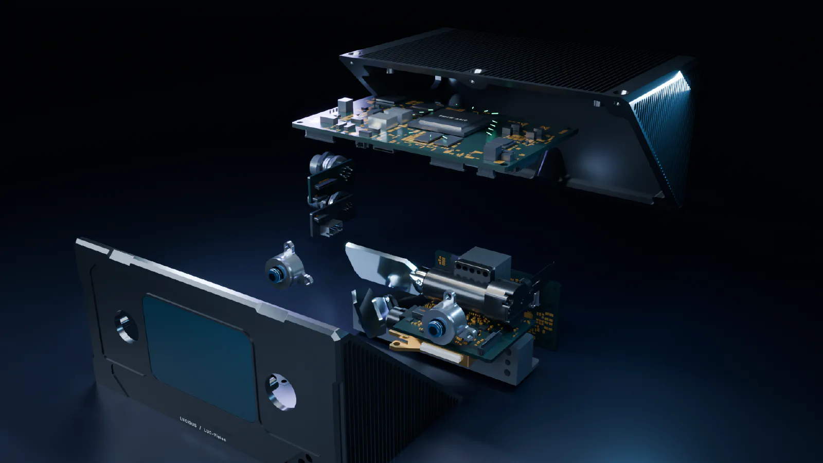 Exploded view of the LUC-VISION™ module: finned housing, processing board and optical assembly